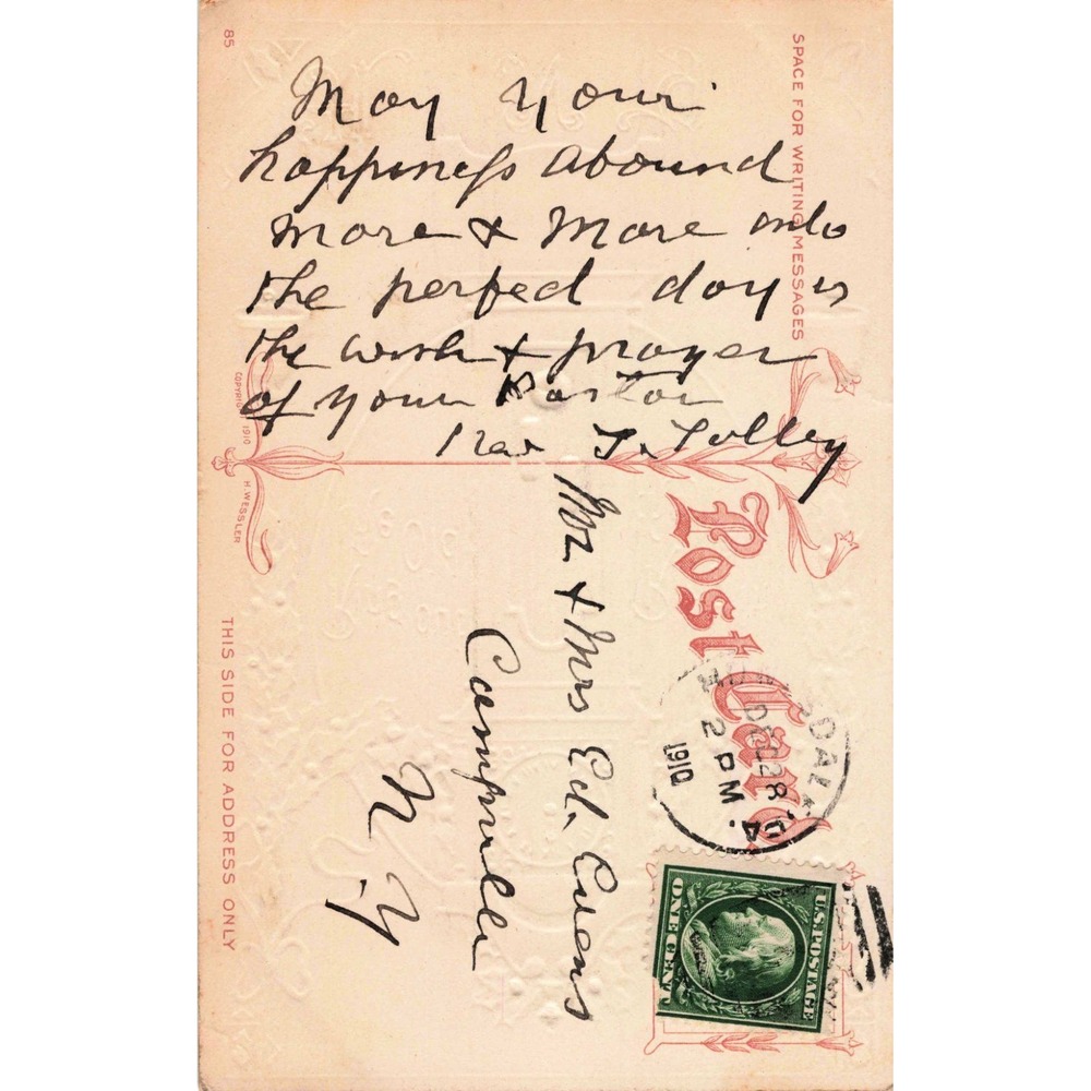 Vintage 1910 Happy New Year Postcard Grandfather Clock Holly Embossed H Wessler - Picture 2 of 2